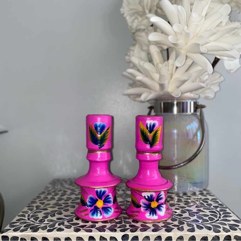 Vintage Hand Painted Ceramic Candle Holders